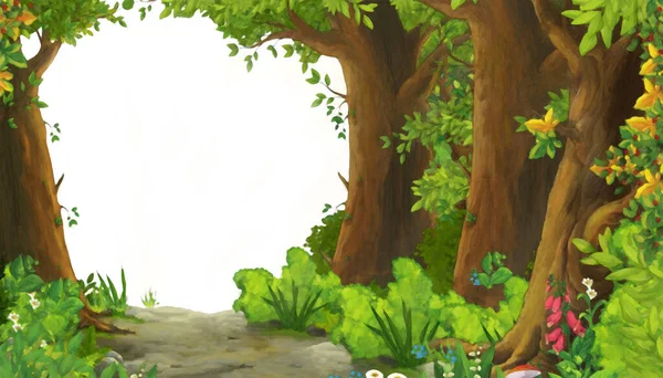 Cartoon Sommer Szene Mit Wiese Wald Mit Weißem Hintergrund Illustration — Stockfoto