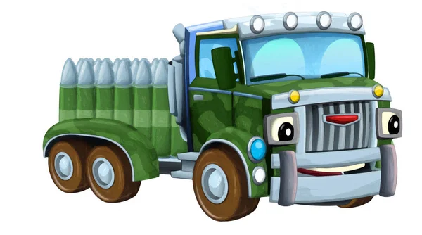 Karikatura Šťastný Zábavný Road Vojenský Truck Vozidlo Nákladem Izolované Ilustrace — Stock fotografie