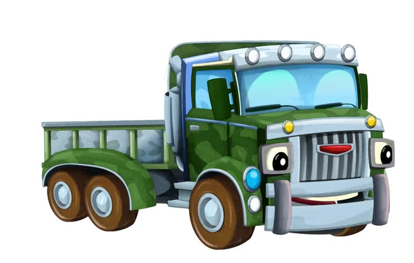 Desenho Animado Feliz Engraçado Road Veículo Caminhão Militar Com Carga — Fotografia de Stock