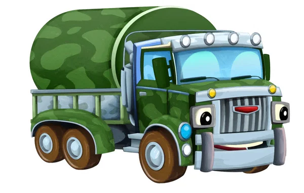 子供のための貨物孤立イラストと漫画の幸せと面白いオフロード軍用トラックの車両芸術的な絵画シーン — ストック写真
