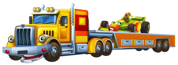 Cartoon Szene Mit Abschleppwagen Fahren Mit Ladung Andere Auto Isoliert — Stockfoto