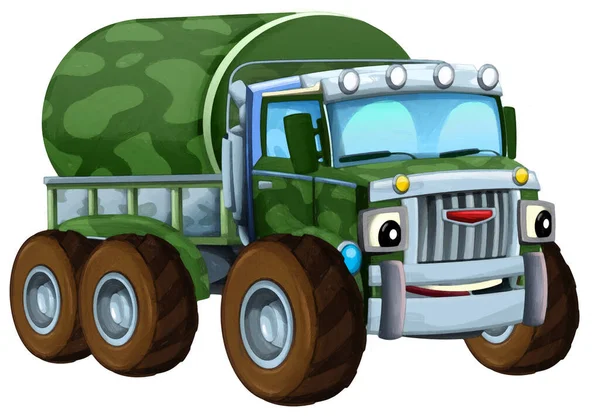 子供のための貨物孤立イラストと漫画の幸せと面白いオフロード軍用トラックの車両芸術的な絵画シーン — ストック写真