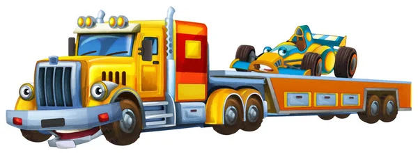Cartoon Szene Mit Abschleppwagen Fahren Mit Ladung Andere Auto Isoliert — Stockfoto