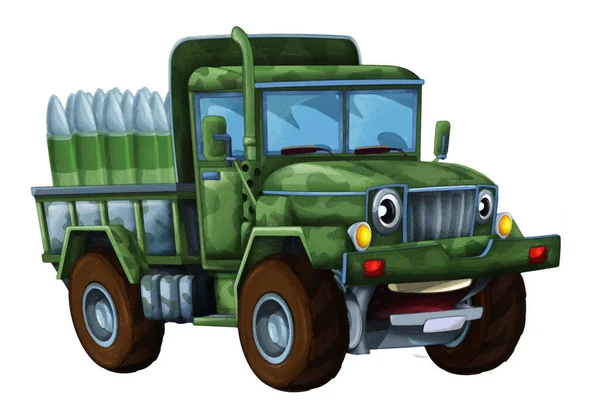 弾丸とモンスタートラックのように見える道路軍用トラックから漫画幸せと面白い車は子供の芸術的な絵画シーンのための孤立したイラストを笑って弾薬 — ストック写真