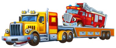 Çekici kamyonla çekilen bir karikatür sahnesi. İtfaiyeciler diğer itfaiye ekipleri çocuk sanatsal resim sahneleri için izole edilmiş.