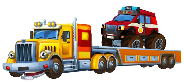 Cartoon Scene Met Sleepwagen Rijden Met Lading Andere Auto Brandweerman — Stockfoto