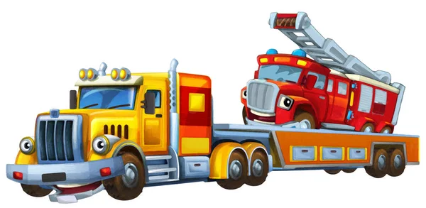 他の車の消防士をロードして牽引トラックの運転と漫画シーン子供のための孤立イラスト芸術絵画シーン — ストック写真