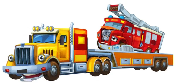 他の車の消防士をロードして牽引トラックの運転と漫画シーン子供のための孤立イラスト芸術絵画シーン — ストック写真