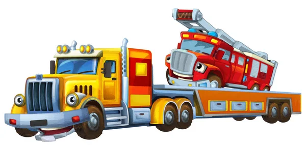 Cartoon Scene Tow Truck Driving Load Other Car Fireman Fire — Stock Photo, Image