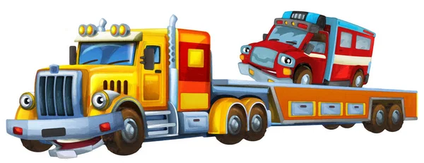 Escena Dibujos Animados Con Camión Remolque Conducción Con Carga Otros — Foto de Stock