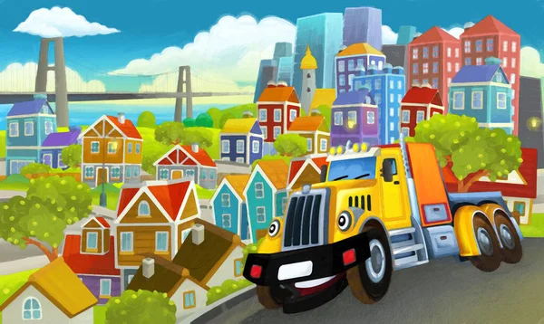 Cartoon Industriële Vrachtwagen Door Stad Illustratie Voor Kinderen Artistieke Schilderkunst — Stockfoto