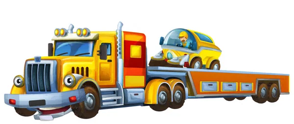 牽引トラックの運転と漫画のシーンは 子供の芸術的な絵画シーンのための他の車の孤立イラストをロード — ストック写真
