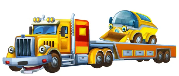 牽引トラックの運転と漫画のシーンは 子供の芸術的な絵画シーンのための他の車の孤立イラストをロード — ストック写真