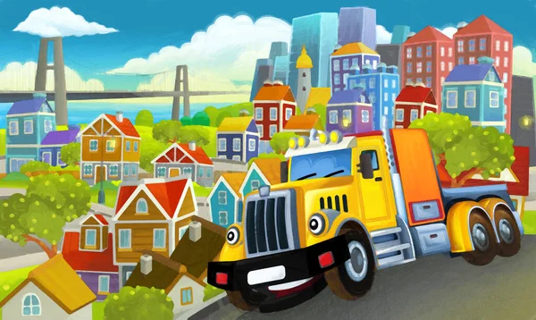 卡通工业卡车通过城市插图为儿童艺术创作现场 — 图库照片
