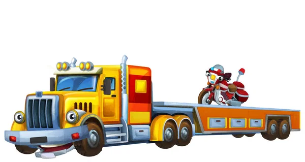 卡通片场景 拖曳卡车载着其他车辆救火队为儿童艺术创作现场独立解说 — 图库照片