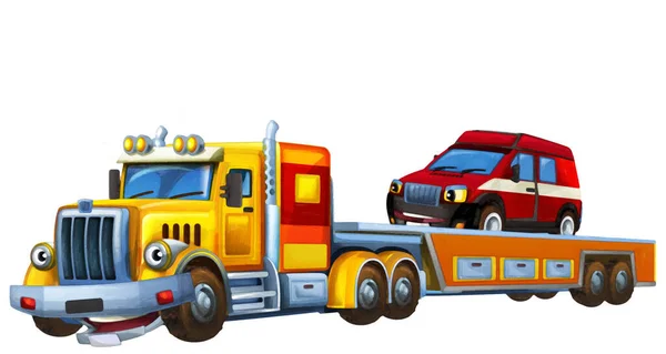 Cartoon Szene Mit Abschleppwagen Der Mit Ladung Fährt Anderes Auto — Stockfoto