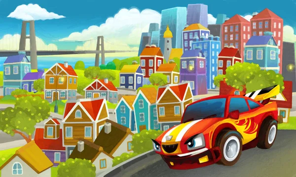Cartoon Sportwagen Limousine Rast Durch Die Stadt Illustration Für Kinder — Stockfoto