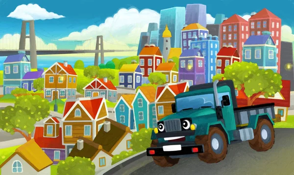 Desenho Animado Caminhão Industrial Através Ilustração Cidade Para Crianças Cena — Fotografia de Stock