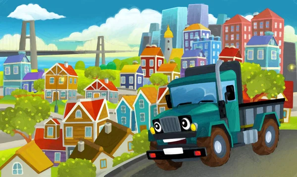 Camión Industrial Dibujos Animados Través Ciudad Ilustración Para Niños Escena —  Fotos de Stock