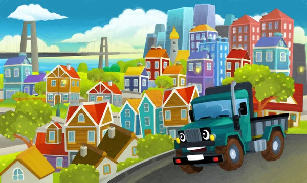 Tecknad Industriell Lastbil Genom Staden Illustration För Barn Konstnärlig Målning — Stockfoto