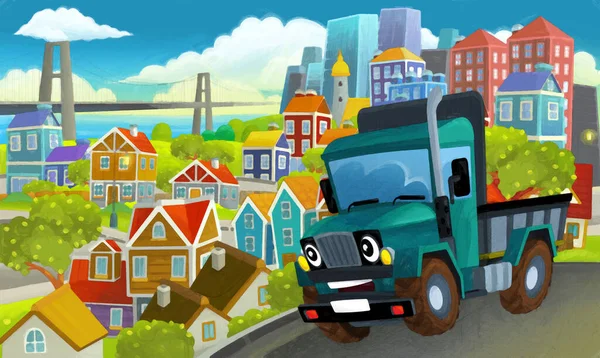 Camión Industrial Dibujos Animados Través Ciudad Ilustración Para Niños Escena — Foto de Stock
