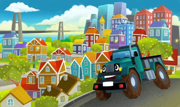 Cartoon Industriële Vrachtwagen Door Stad Illustratie Voor Kinderen Artistieke Schilderkunst — Stockfoto