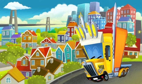 子供の絵のシーンのための都市のイラストを通して漫画産業トラック — ストック写真