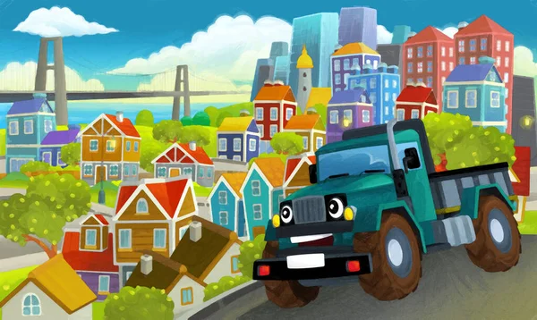Cartone Animato Camion Industriale Attraverso Città Illustrazione Bambini Scena Pittura — Foto Stock
