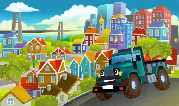 Kreskówki Przemysłowe Ciężarówki Przez Miasto Ilustracji Dla Dzieci Artystycznej Sceny — Zdjęcie stockowe