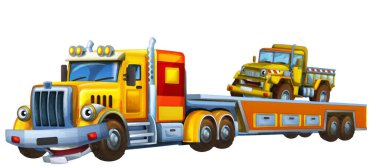 Çekici kamyonla çekilen karikatür sahnesi çocuk sanatsal resim sahnesi için izole edilmiş diğer araba resimleri.