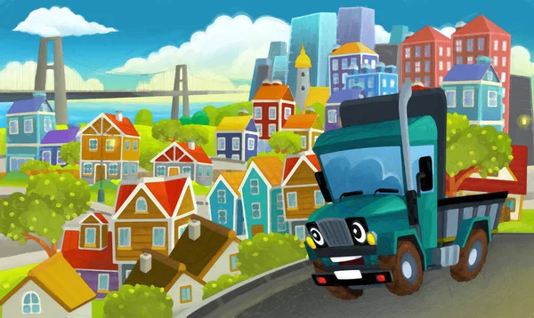 Kreskówki Przemysłowe Ciężarówki Przez Miasto Ilustracji Dla Dzieci Artystycznej Sceny — Zdjęcie stockowe