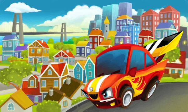 Kreskówki Sportowe Samochód Sedan Prędkość Przez Miasto Ilustracja Dla Dzieci — Zdjęcie stockowe