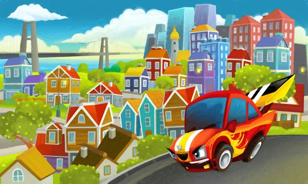 Desenho Animado Carro Esporte Sedan Acelerando Através Cidade Ilustração Para — Fotografia de Stock