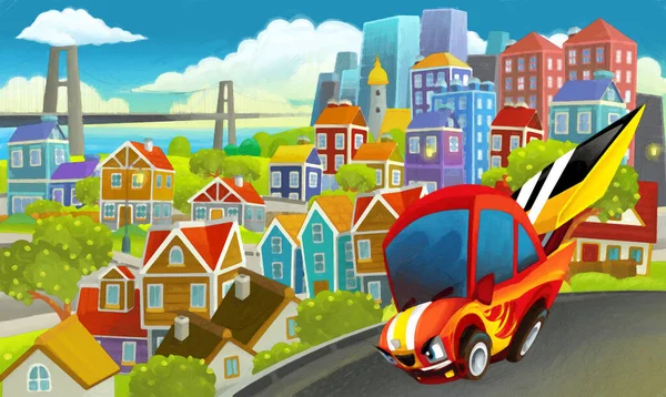 Kreslené Sportovní Auto Sedan Rychlost Přes Město Ilustrace Pro Děti — Stock fotografie