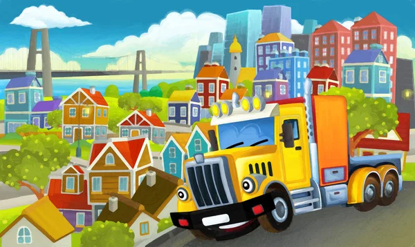 Karikatura Průmyslový Truck Přes Město Ilustrace Pro Děti Umělecké Malířské — Stock fotografie