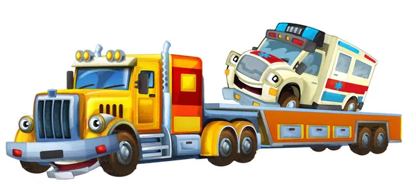 Cartoon Szene Mit Abschleppwagen Fahren Mit Ladung Krankenwagen Isolierte Illustration — Stockfoto