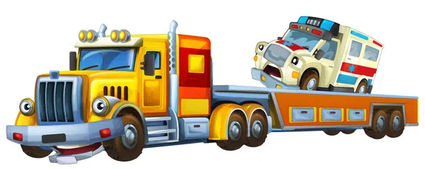 Escena Dibujos Animados Con Remolque Conducción Con Ambulancia Carga Coche — Foto de Stock