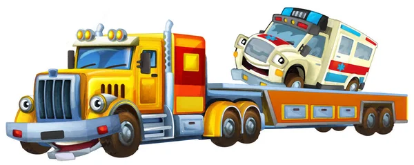ロード救急車と牽引トラックの運転と漫画シーン子供のための隔離されたイラスト芸術的な絵画シーン — ストック写真