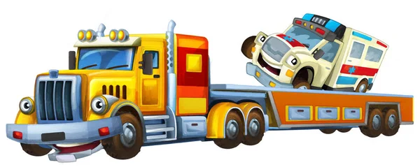 Tecknad Scen Med Bärgningsbil Körning Med Belastning Ambulans Bil Isolerad — Stockfoto