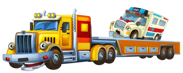 ロード救急車と牽引トラックの運転と漫画シーン子供のための隔離されたイラスト芸術的な絵画シーン — ストック写真