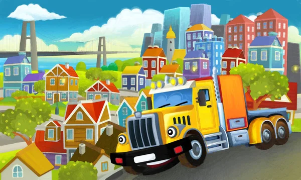 Camión Industrial Dibujos Animados Través Ciudad Ilustración Para Niños Escena —  Fotos de Stock