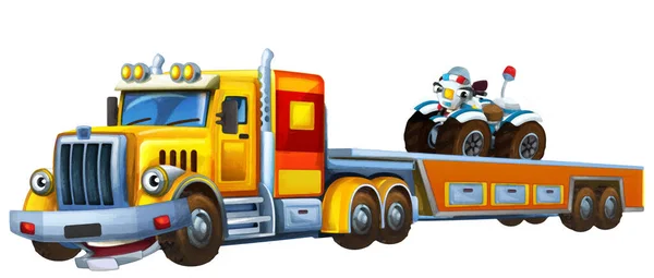 Desene Animate Scenă Tractare Camion Conducere Sarcină Altă Mașină Poliție — Fotografie, imagine de stoc