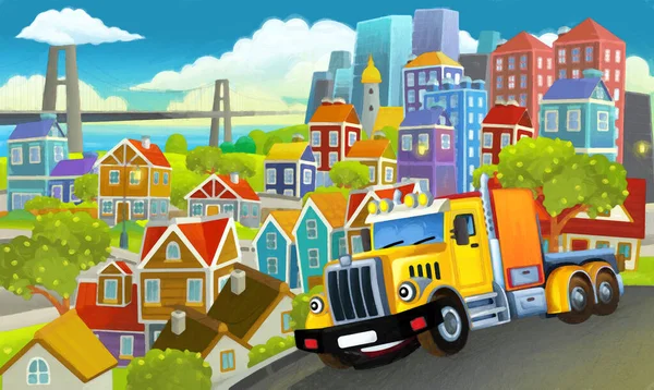 子供の絵のシーンのための都市のイラストを通して漫画産業トラック — ストック写真