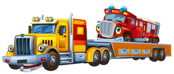 Cartoon Scene Tow Truck Driving Load Other Car Fire Brigade — Stock Photo, Image