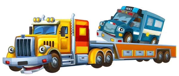 子供のための他の車の警察の隔離されたイラストをロードして牽引トラックの運転と漫画シーン芸術的な絵画シーン — ストック写真
