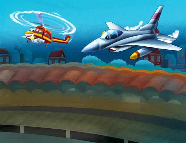Cartoon Happy Scene Plane Helicopter Flying City Illustration Children Artistic — Stock Photo, Image