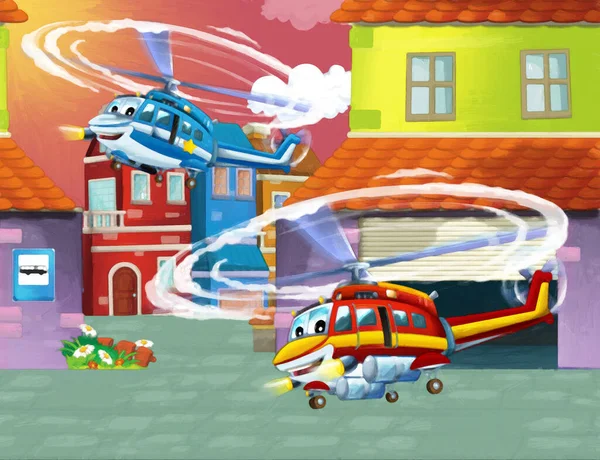 Cartoon Glückliche Szene Mit Flugzeug Hubschrauber Fliegen Der Stadt Illustration — Stockfoto