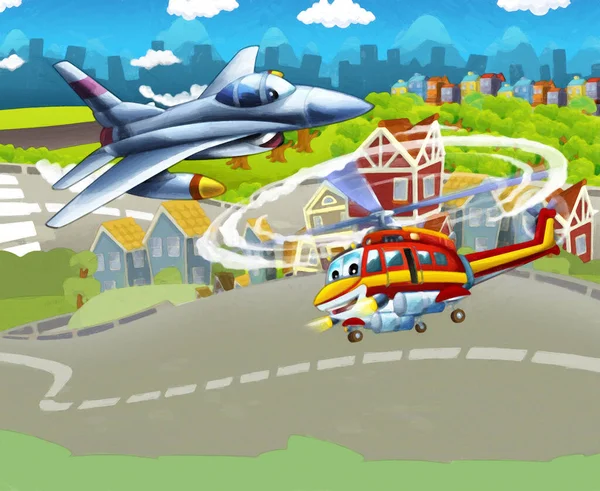 Καρτούν Ευτυχισμένη Σκηνή Αεροπλάνο Ελικόπτερο Που Φέρουν Στην Πόλη Εικονογράφηση — Φωτογραφία Αρχείου