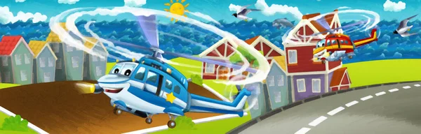 Çizgi Film Mutlu Sahnesi Şehirde Uçan Uçak Helikopteri Çocuk Sanatsal — Stok fotoğraf