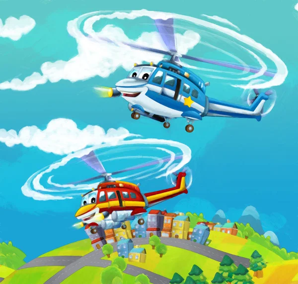 Cartoon Glückliche Szene Mit Flugzeug Hubschrauber Fliegen Der Stadt Illustration — Stockfoto